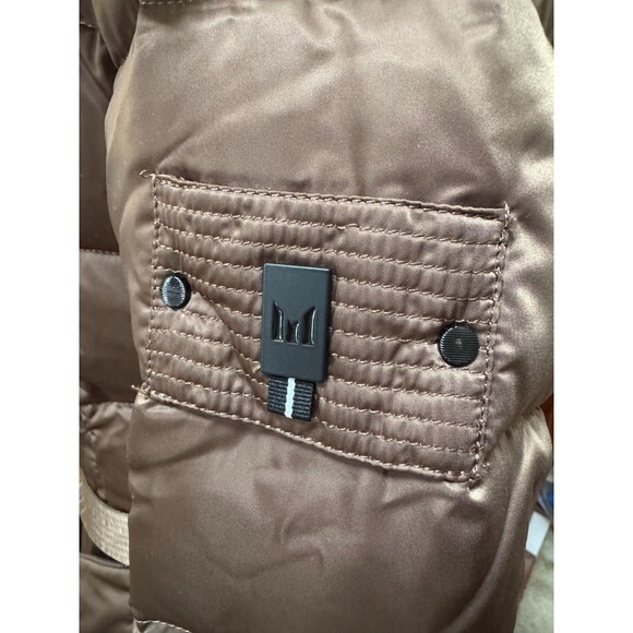 Women’s Long Belted Puffer Coat Sz S Brown Quilted Winter Jacket Removable Hood - Picture 12 of 12